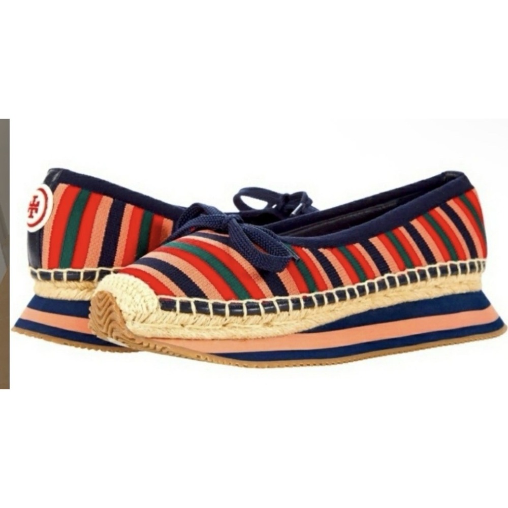 Tory Burch 9.5M Daisy Sport Multi Stripe Circular Knit Reva Bow Espadrille Flats